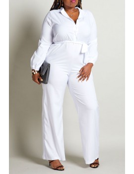 Lovely Work Turndown Collar White Plus Size One-piece Jumpsuit