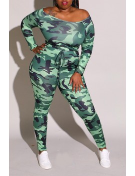 Lovely Casual Camouflage Printed Army Green Plus Size One-piece Jumpsuit