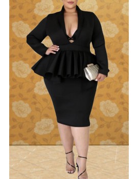 Lovely Casual V Neck Flounce Design Black Knee Length Plus Size Dress