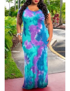 Lovely Bohemian O Neck Tie-dye Printed Purple Floor Length Plus Size Dress
