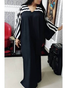 Lovely Casual V Neck Patchwork Black Floor Length Plus Size Dress