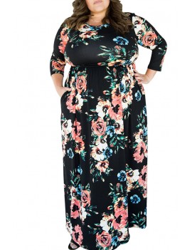 Lovely Casual O Neck Printed Black Floor Length Plus Size Dress