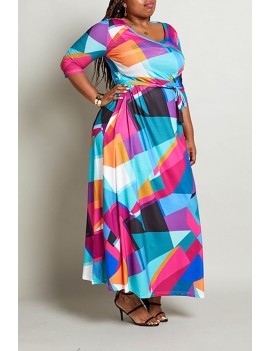 Lovely Casual Color-lump Patchwork Multicolor Floor Length Plus Size Dress