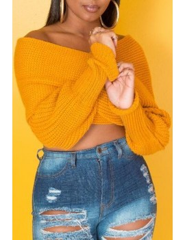 Lovely Casual V Neck Cross-over Design Yellow Sweater