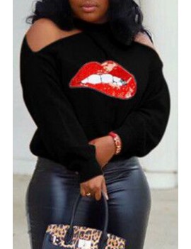 Lovely Chic Halter Lip Printed Black Sweater