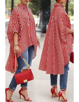 Lovely Casual Striped Asymmetrical Red Blending  Blouses