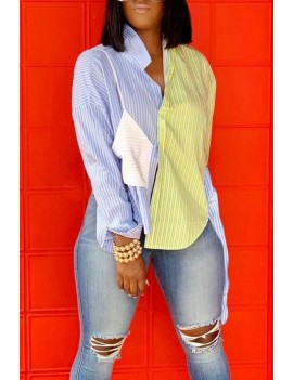 Lovely Casual Patchwork Striped Blue Blouse