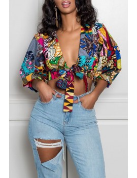 Lovely Casual V Neck Printed Multicolor Blouse