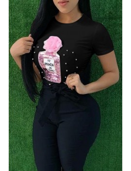 Lovely Casual Sequined Decorative Black T-shirt
