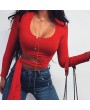 Lovely Casual O Neck Lace-up Red T-shirt