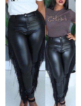 Lovely Casual Tassel Design Pitch-black PU Pants