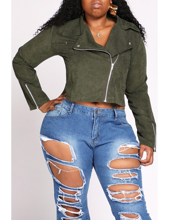 Lovely Casual Zipper Design Army Green Plus Size Jacket