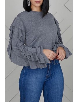 Lovely Trendy Flounce Design Grey Sweatshirt Hoodie