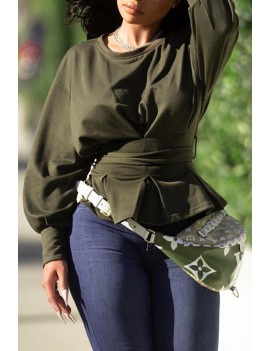 Lovely Casual O Neck Lace-up Army Green Sweatshirt Hoodie