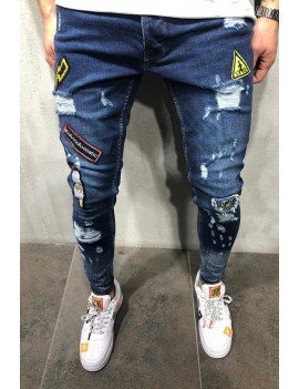 Lovely Casual Patchwork Deep  Blue Jeans