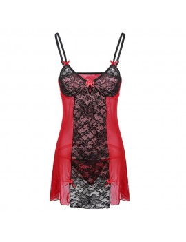 Women Sexy Shoulder Strap Bowknot Plus Size Babydoll Lingeries Sleepdress - Red L