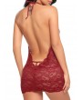Halter Open Back Plunge Lace Babydoll - Red Wine M