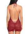 Halter Open Back Plunge Lace Babydoll - Red Wine M