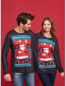 Two Person Long Sleeve Christmas Santa T-shirt - Black M