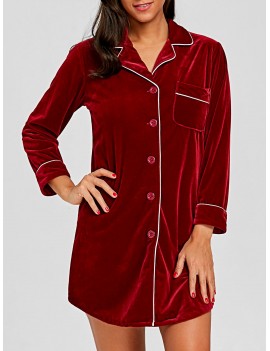 Velvet Long Sleepwear Shirt - Wine Red L