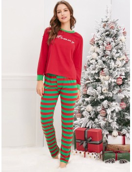 Christmas Striped Letter Printed Matching Family Pajama Sets - Red Kid 7t