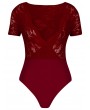 Lace Spliced See Through Plunging Neck Bodysuit - Red Wine M
