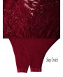 Lace Spliced See Through Plunging Neck Bodysuit - Red Wine M