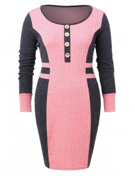 Plus Size Ribbed Color Block Bodycon Dress - Pink L
