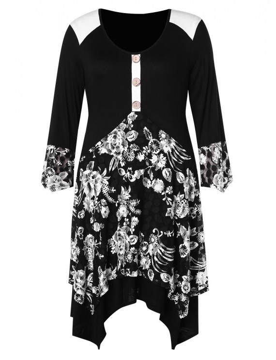 Plus Size Floral Print Asymmetric Dress - Black 4x