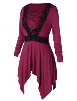 Plus Size Lace Up Handkerchief Dress - Red Wine L