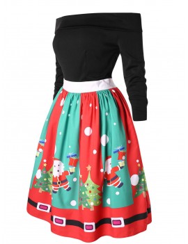 Plus Size Off The Shoulder Santa Claus Print Christmas Dress - Black L
