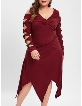 Plus Size Cold Shoulder Knotted Midi Dress - Red Wine 1x