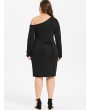 Plus Size Mesh Panel Skew Neck Dress with Chains - Black 3x