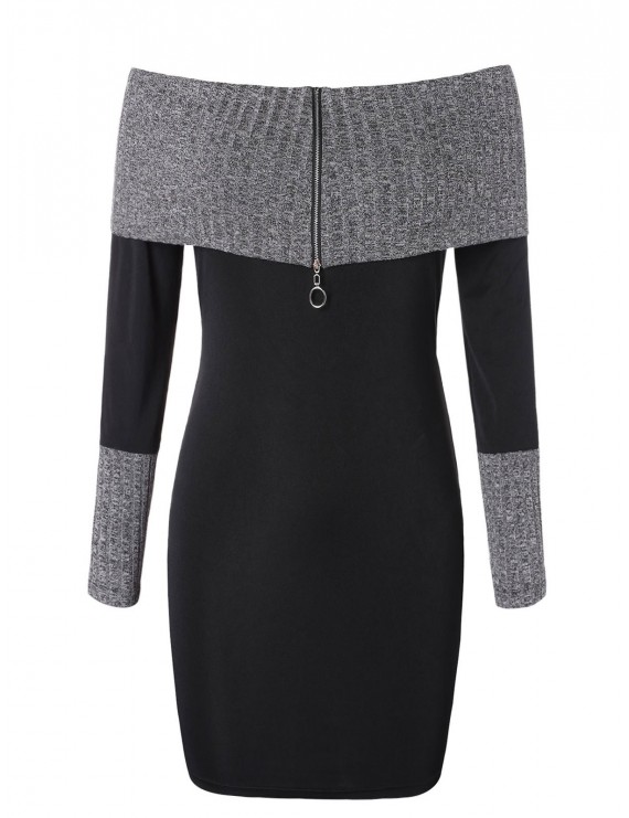 Plus Size Knitted Insert Zip Off Shoulder Dress - Black 2x