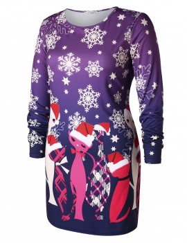 Plus Size Snowflake Cat Print Christmas Dress -  L