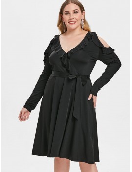 Plus Size Flounce Cold Shoulder Belted Dress - Black 2x