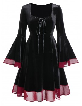 Plus Size Halloween Bell Sleeve Lace Up Velvet Dress - Black L