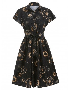Sun Moon and Star Print Belted Skater Dress - Black S