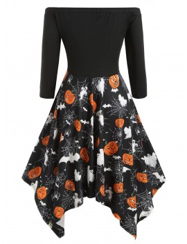 Lace Up Pumpkin Cobwebs Off Shoulder Halloween Plus Size Dress - Black L