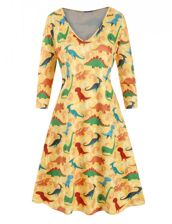 Plus Size Dinosaur Print T Shirt Dress - Sun Yellow L