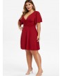 Plus Size Button Embellished Plunge Neck Ruched A-line Dress - Red L