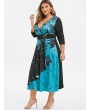 Plus Size Floral Polka Dot Surplice O Ring Dress - Macaw Blue Green L
