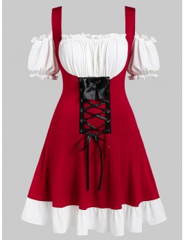 Plus Size Cold Shoulder Faux Twinset Lace Up Dress - Red Wine L