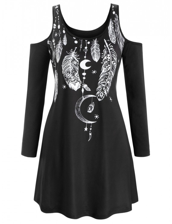 Feather Print Open Shoulder Long Sleeve Plus Size Dress - Black L