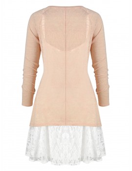 Plus Size Lace Panel Cami Dress And V Neck Knit Top - Apricot L