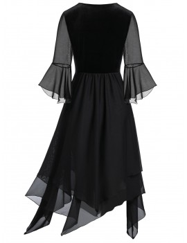 Plus Size Lace Up Bell Sleeve Layer Handkerchief Punk Dress - Black L