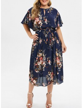 Plus Size Floral Print Bell Sleeve Midi Dress - Cadetblue 4x