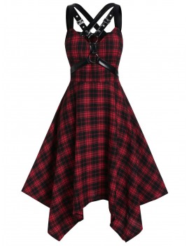 Plus Size Plaid Harness Gothic Hanky Hem Dress - Red Wine L