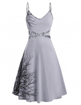 Plus Size Spaghetti Strap Tree Print Sequin Halloween Dress - Blue Gray 2x