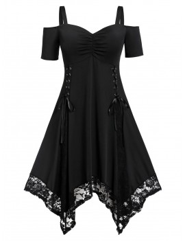 Plus Size Lace Up Lace Hem Handkerchief Dress - Black L